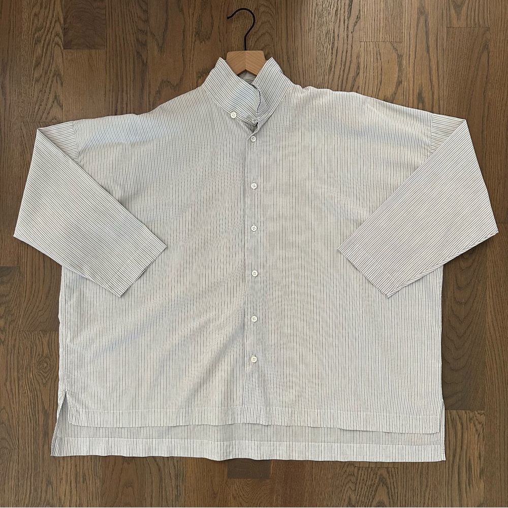 Eskandar Slim A-Line Double Stand Collar Shirt White, Grey, Blue Pinstripe 0 / M
